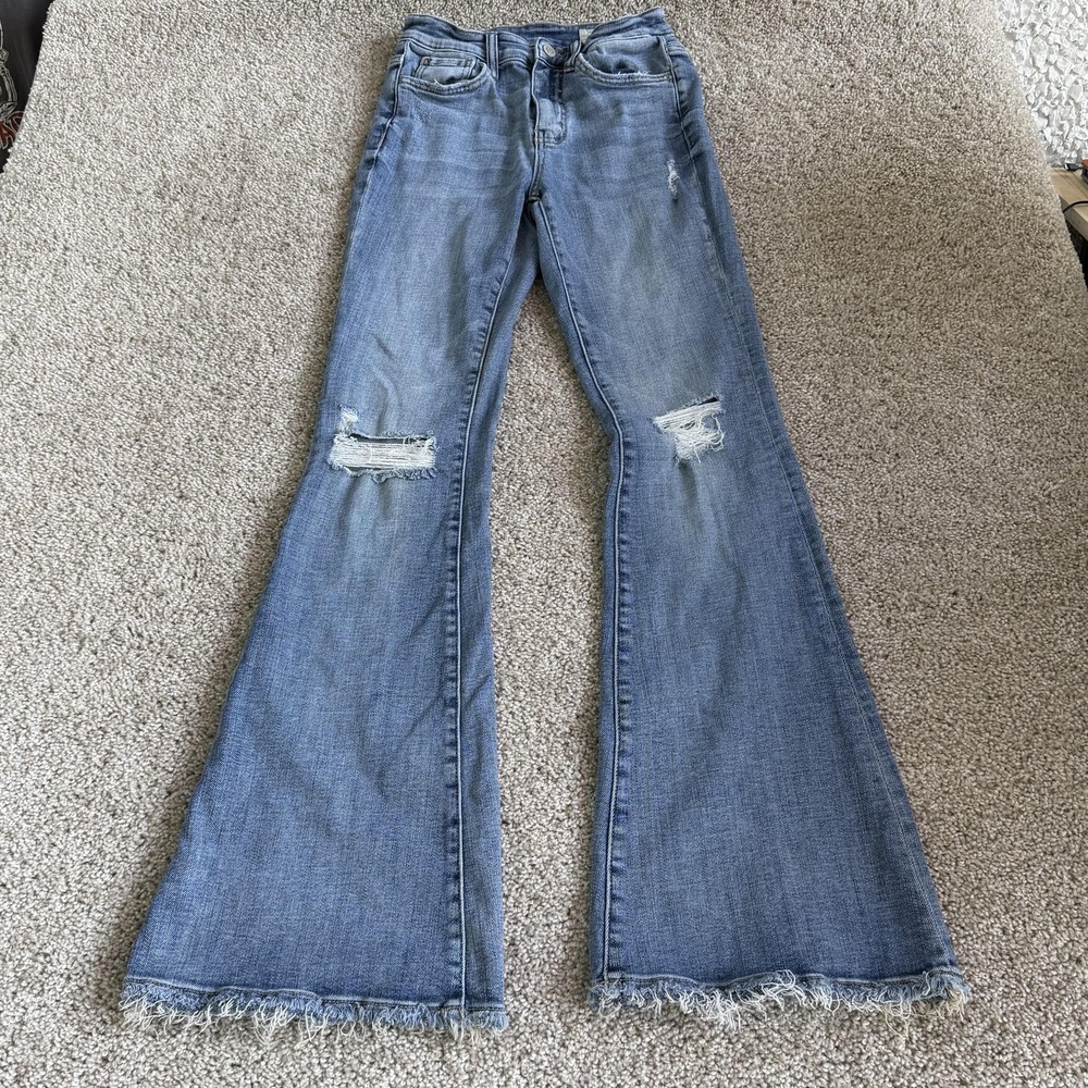 Bridge By Gty Flare Jeans Womens 25 Medium Wash Blue Distressed Fringe Denim